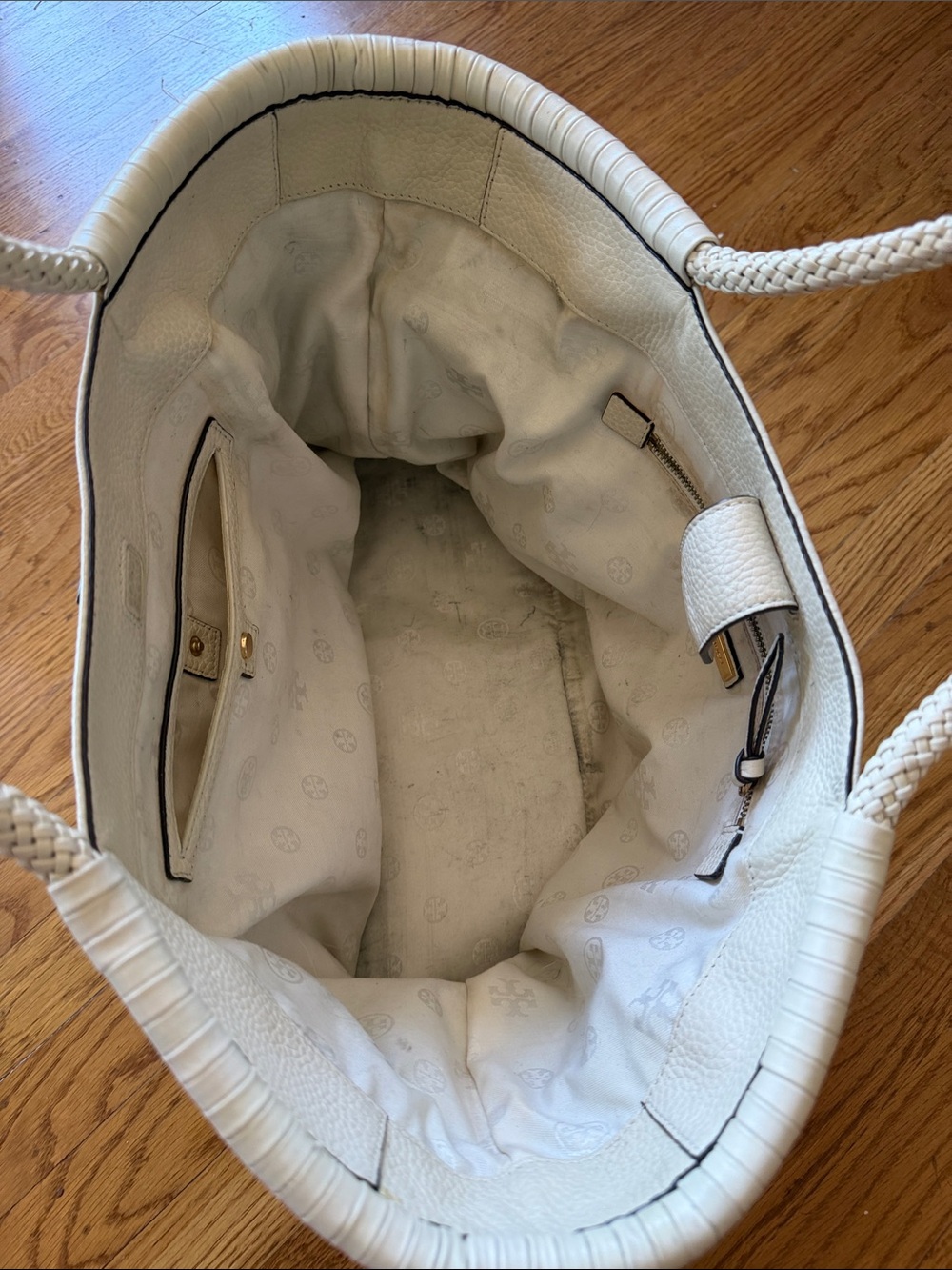 Tory Burch Ivory Pebbled Leather Braided-Handle Tote - Picture 7 of 10